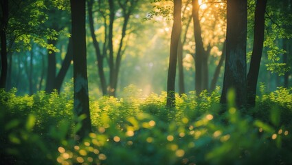 Fototapeta premium Green forest trees glow with sunlight. Sunshine through foliage creates bokeh spots. Forest floor has green plants.