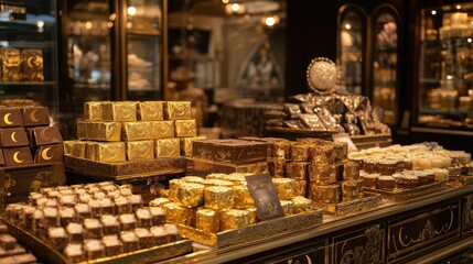 Fototapeta premium A bustling gift shop during Eid featuring gold foil-wrapped gourmet chocolates