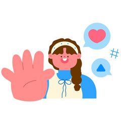 Happy woman with heart and social media icons, consumer engagement and behavior flat vector illustration