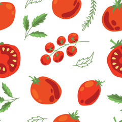 Seamless pattern of ripe tomatoes. Vegetables. Red tomatoes. Juicy Harvest. Healthy food. Vector illustration.