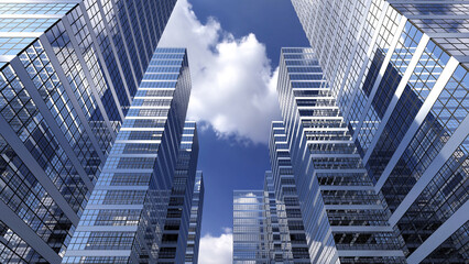 Naklejka premium A uprisen angle view of group of skyscraper with white clouds and clear blue sky on background and reflecting on facade, represent feeling of urban, business, and technology. 3D illustration.