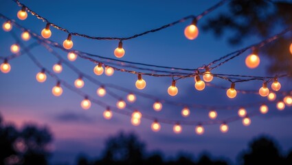 Lights dangle above on a clear summer evening.