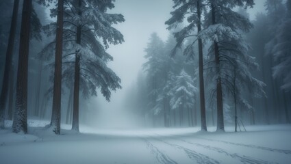 Obraz premium Winter snowfall in Dragobrat. Blizzard. Carpathian Mountains. Foggy weather. Spruce forest. Heavy snow on trees. Gloomy conditions. Frozen landscape in the forest. Cold environment.