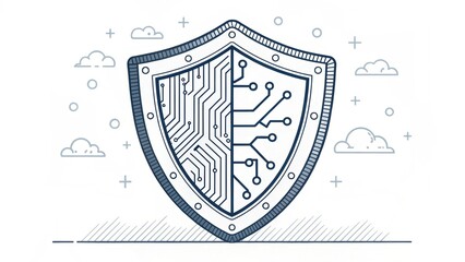 Digital shield design featuring circuit patterns, symbolizing cybersecurity and technology protection.