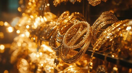 A close-up image of layered jewelry stands filled with sparkling golden bangles