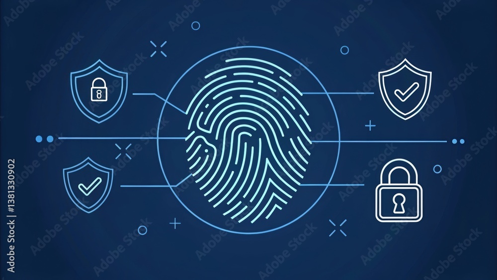 Poster digital fingerprint design symbolizing security and identity protection with shield icons against a 