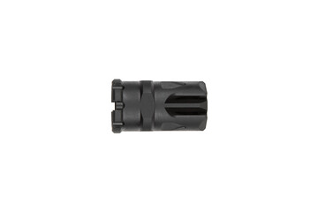 Black muzzle device serving as a flash hider, optimized for tactical and precision shooting.