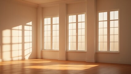 Fototapeta premium A minimalist interior with warm sunlight pouring through large windows, creating soft, geometric shadows on wooden floors and neutral-toned walls, generating a cozy and serene atmosphere.