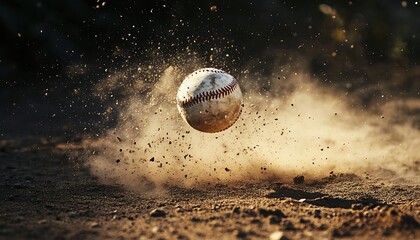 A weathered baseball flying through dry dirt on a sunlit diamond, surrounded by scattered dust particles.