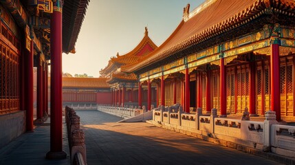 A serene view of traditional Asian architecture under the warm glow of sunset. The intricate details captivate the eye. Discover the beauty of historical design. Generative AI