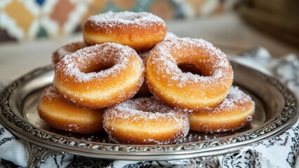 Deliciously Sweet Sugar-Dusted Doughnuts on a Silver Platter