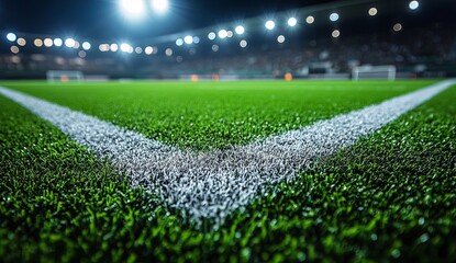 Naklejka premium Soccer field corner view with bright stadium lights illuminating green grass and white lines, showcasing the excitement of the game, sports concept