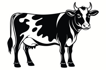 Standing Black and White Cow with Horns Isolated on White