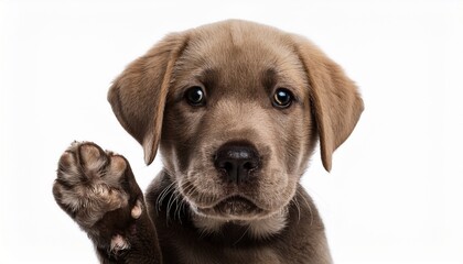 Fototapeta premium portrait of a cute labrador puppy waving his paw isolated on white background