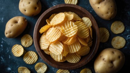 Fototapeta premium Potato chips in a wooden bowl with raw potatoes in the background, viewed from above.