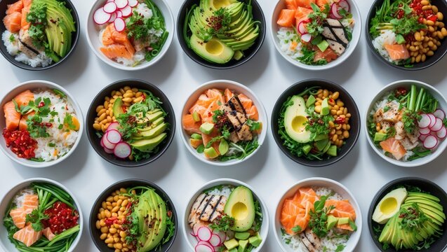 Isolated assorted variety of poke bowls menu design collage.