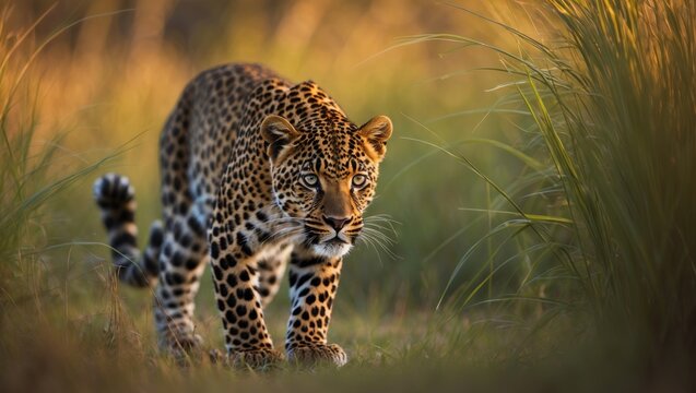 Leopard stalks through the grass.