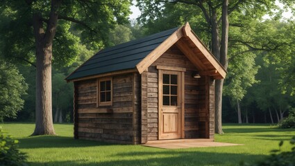 Rustic waney edge wooden garden shed encircled by mature green trees.