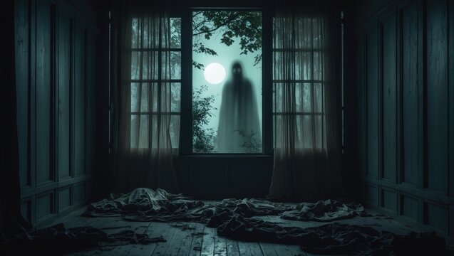 Light in window with curtain in bedroom at night. Horror scene. Halloween theme. Blurred silhouette of a ghost.