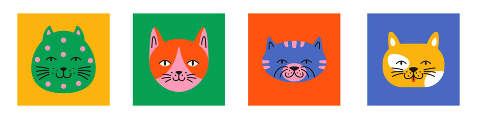 Vibrant kitten portraits in doodle style perfect for pet related designs. Set of happy, fluffy cat heads as isolated vector elements for cards, posters, avatars and decor. Playful and cute.