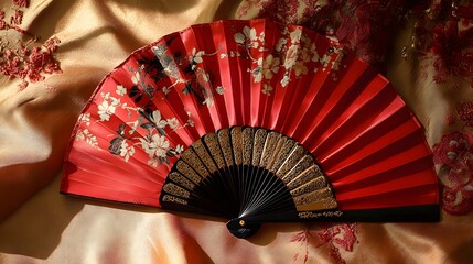 A classic Chinese fan with beautiful red and gold details placed on a soft silk tablecloth