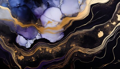 abstract alcohol ink art on black marble with gold accents