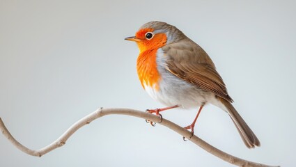Fototapeta premium Profile of a robin sitting on a branch. Its vivid orange breast is clearly visible against a white background.