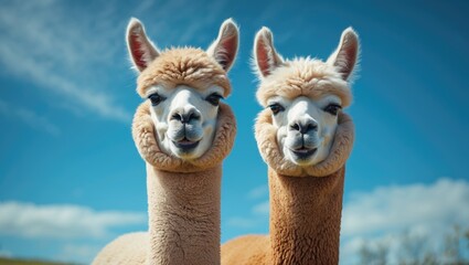 Portrait of two alpacas set against a blue sky backdrop.