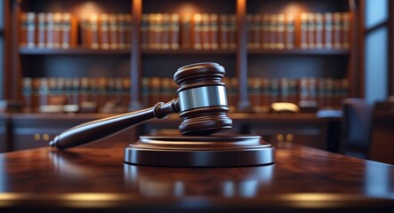 Legal office of attorneys, justice and law theme. A judge's gavel or hammer and base used by a judicial figure on a desk in a courtroom with blurred legal books and a bookshelf in the background.