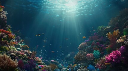 Obraz premium A Vibrant Underwater Scene Displaying Colorful Coral Reefs and Diverse Marine Life Beneath Sunlight Filtering Through Crystal Clear Ocean Water