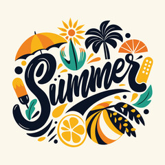 Colorful Summer Icons Composition Tropical Palm, Orange Slice, Sun, Lemon, Umbrella