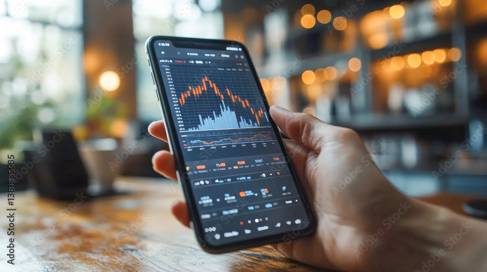 Poster A person is holding a smartphone displaying financial data with charts and transaction details. This activity takes place in a cozy cafe environment, emphasizing modern mobile banking practices.