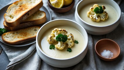 Potato cauliflower soup puree in a bowl, viewed from above. Concept of healthy vegetarian food.