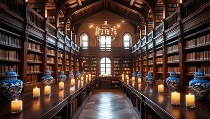Fototapeta premium Library room with long tables filled with books. Candles and blue pottery vases decorate tables. Chandelier hangs from ceiling and windows are visible.