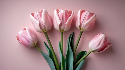Fototapeta premium Pink tulips against a pink backdrop