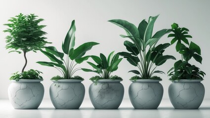 Fototapeta premium Green plant in a pot. Isolated foliage on a white background. Cutout plant leaves in a stone container.