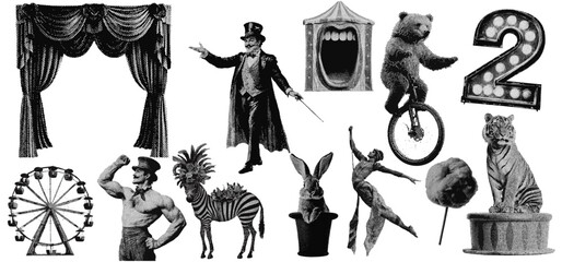 Set of circus entertainment halftone grunge vector design elements