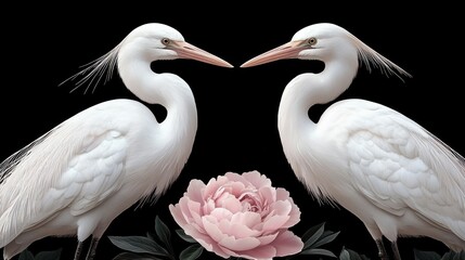 Fototapeta premium Serene Encounter: Two Elegant White Herons Facing Each Other with a Delicate Pink Peony