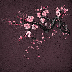 Realistic Sakura Blossom - Japanese Cherry Tree. Artistic Branch Plum Blossom. Vector