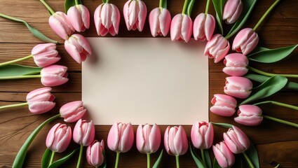 Floral arrangement of pink tulips on a wooden background with a space for messages. Soft focus, viewed from above.