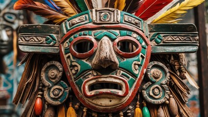 Fototapeta premium Colorful wooden mask with feathers. Green red mask has tribal patterns and ornaments. Detailed texture visible on old artefact.