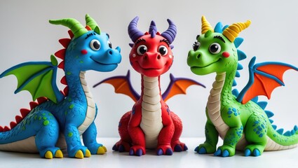 Naklejka premium Play with plasticine dragons against a white backdrop. Handmade clay.