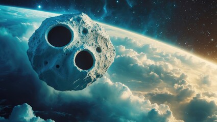 Planet Earth and large asteroid in space. Asteroid in outer space adjacent to planet. Meteorite in orbit. Ice meteor within solar system.