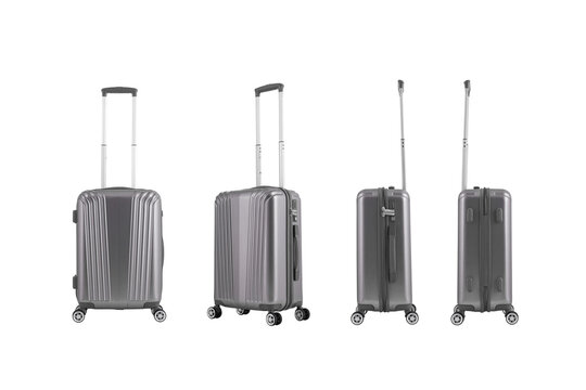 Gray plastic suitcase with transparent background, vacation luggage in perspective view