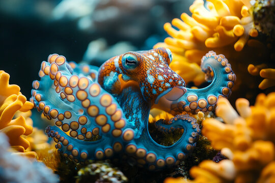 Brightly Colored Octopus Among Coral Captured in Underwater Scene with Generative AI Technology - Powered by Adobe