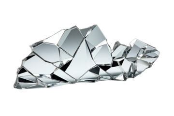 A shattered mirror with multiple fragments reflecting light on a dark background in a studio setting on transparent background png