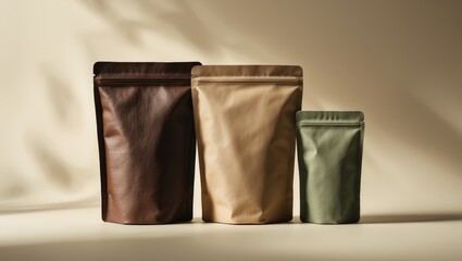 Obraz premium Pouch bags mockup variety on a neutral background. Merchandise packaging blank paper pouch product template with copy space for food snack delivery demonstration.