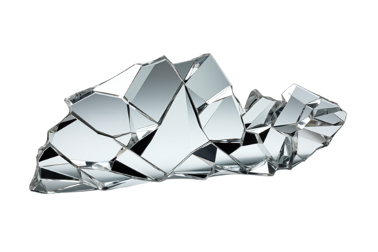 A shattered mirror with multiple fragments reflecting light on a dark background in a studio setting on transparent background png