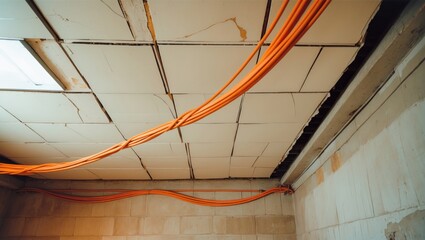 Obraz premium Internet cables are installed above the suspended ceiling in the server room.