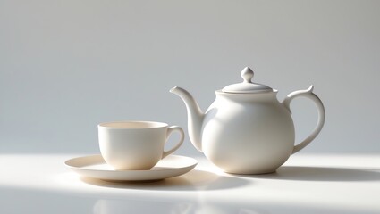 Fototapeta premium Little white teacup and a kettle isolated against a background.